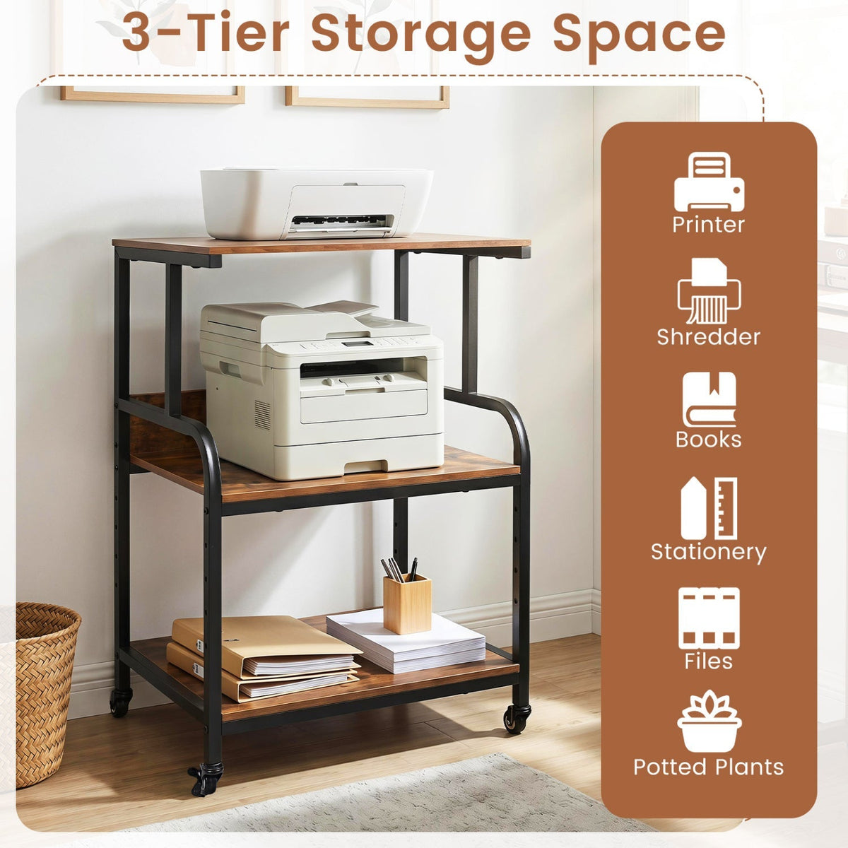3-Tier Rolling Printer Stand with Adjustable Shelf 6