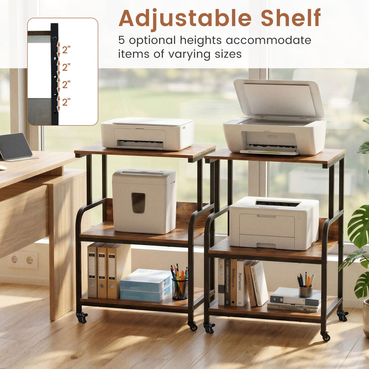 3-Tier Rolling Printer Stand with Adjustable Shelf 7