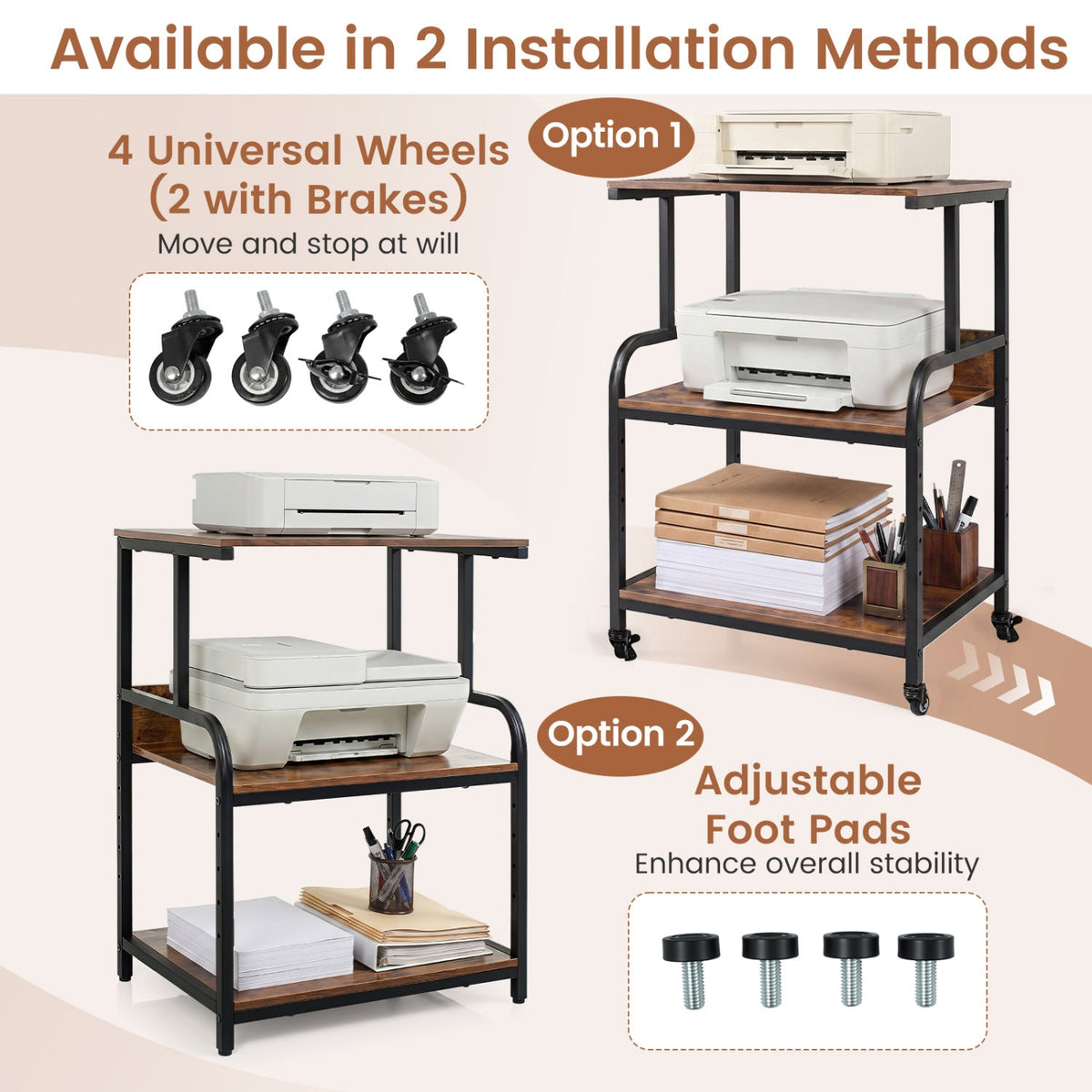 3-Tier Rolling Printer Stand with Adjustable Shelf 8