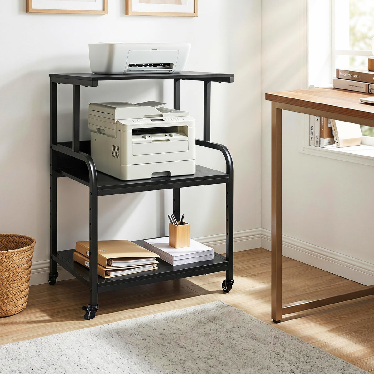 3-Tier Rolling Printer Stand with Adjustable Shelf 9
