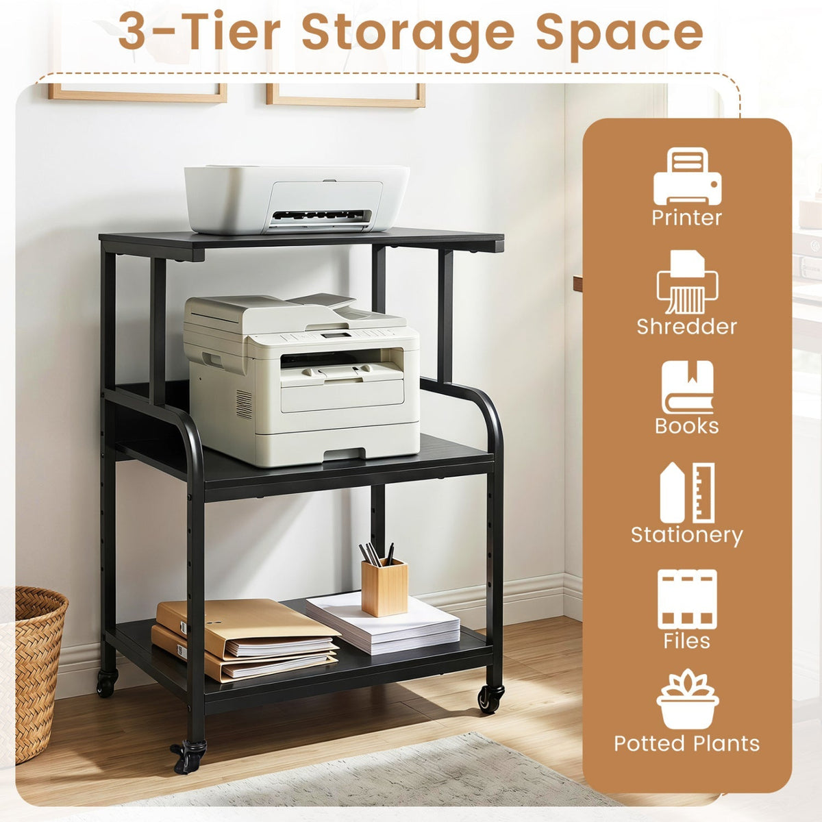 3-Tier Rolling Printer Stand with Adjustable Shelf 14