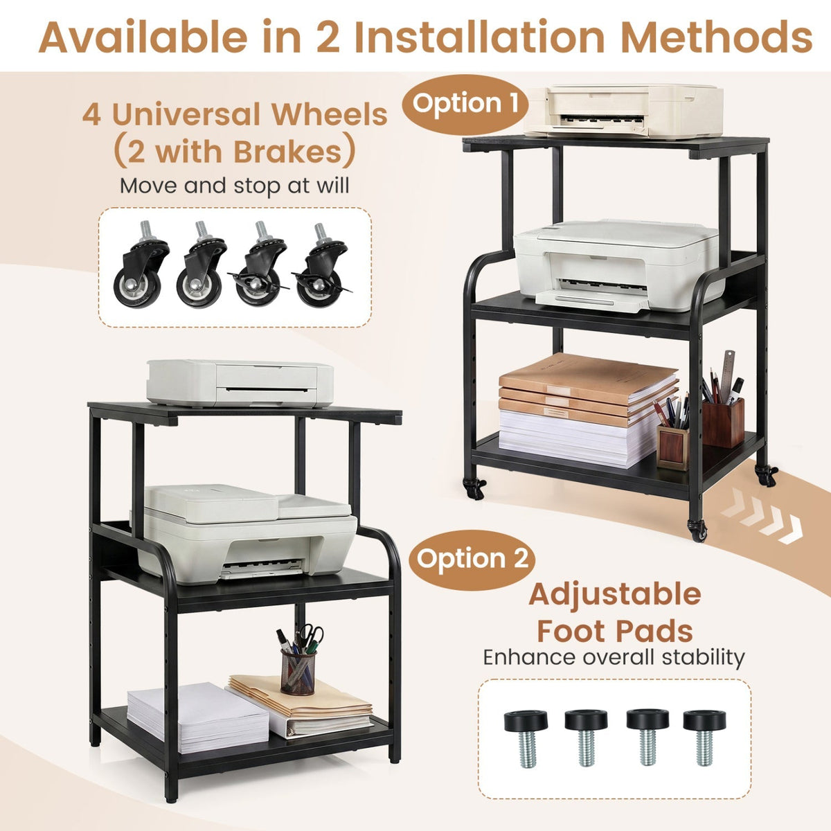 3-Tier Rolling Printer Stand with Adjustable Shelf 16