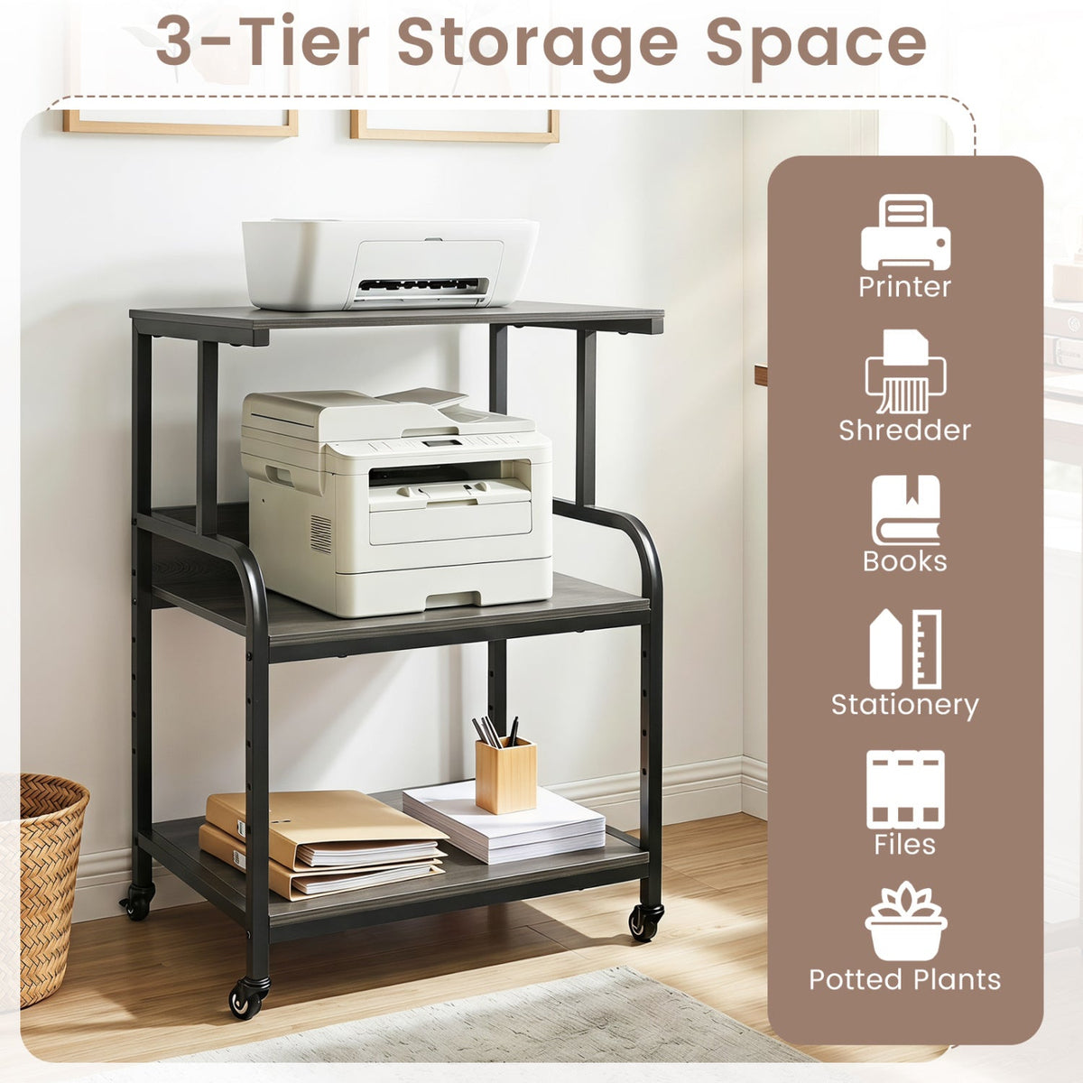 3-Tier Rolling Printer Stand with Adjustable Shelf 22