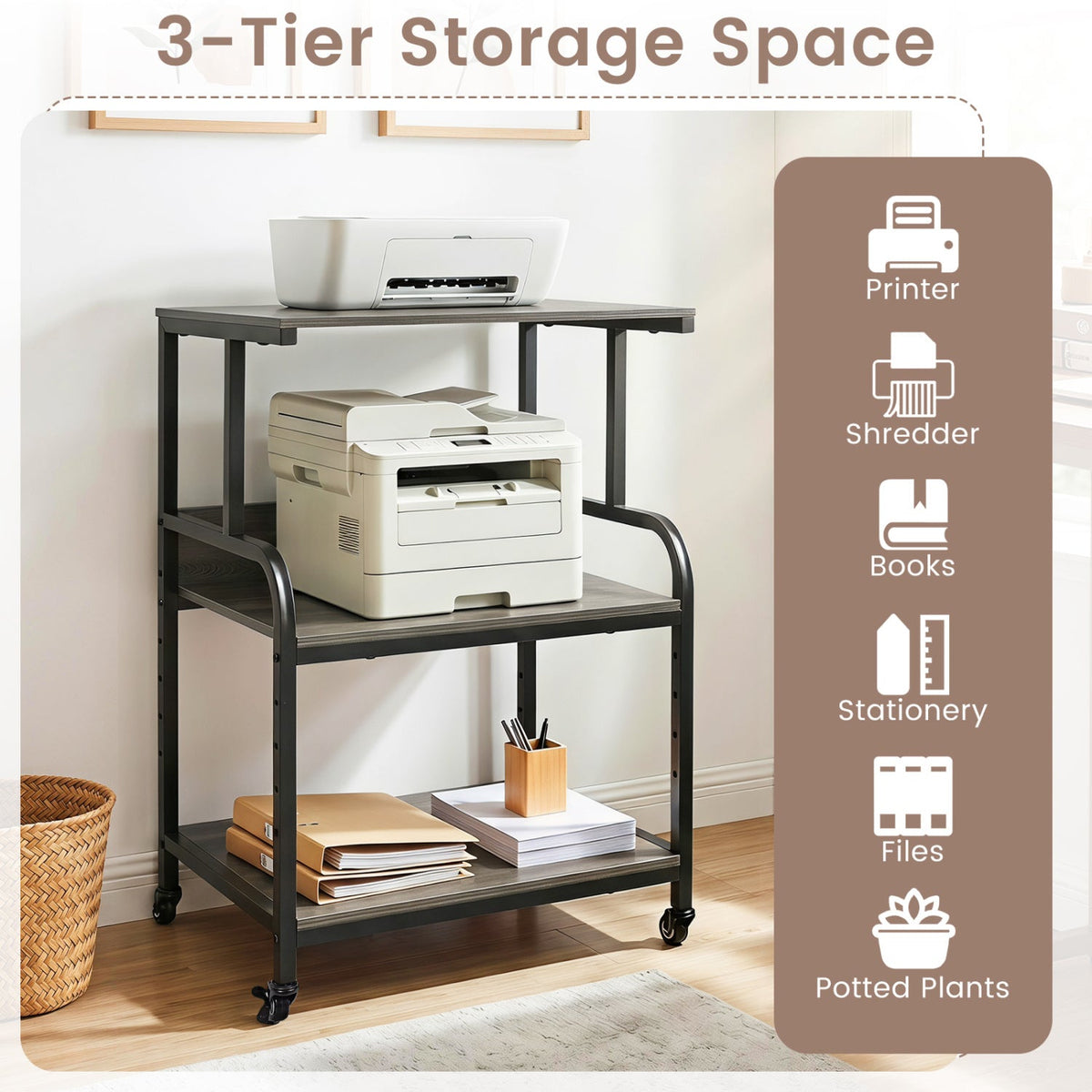 3-Tier Rolling Printer Stand with Adjustable Shelf 23