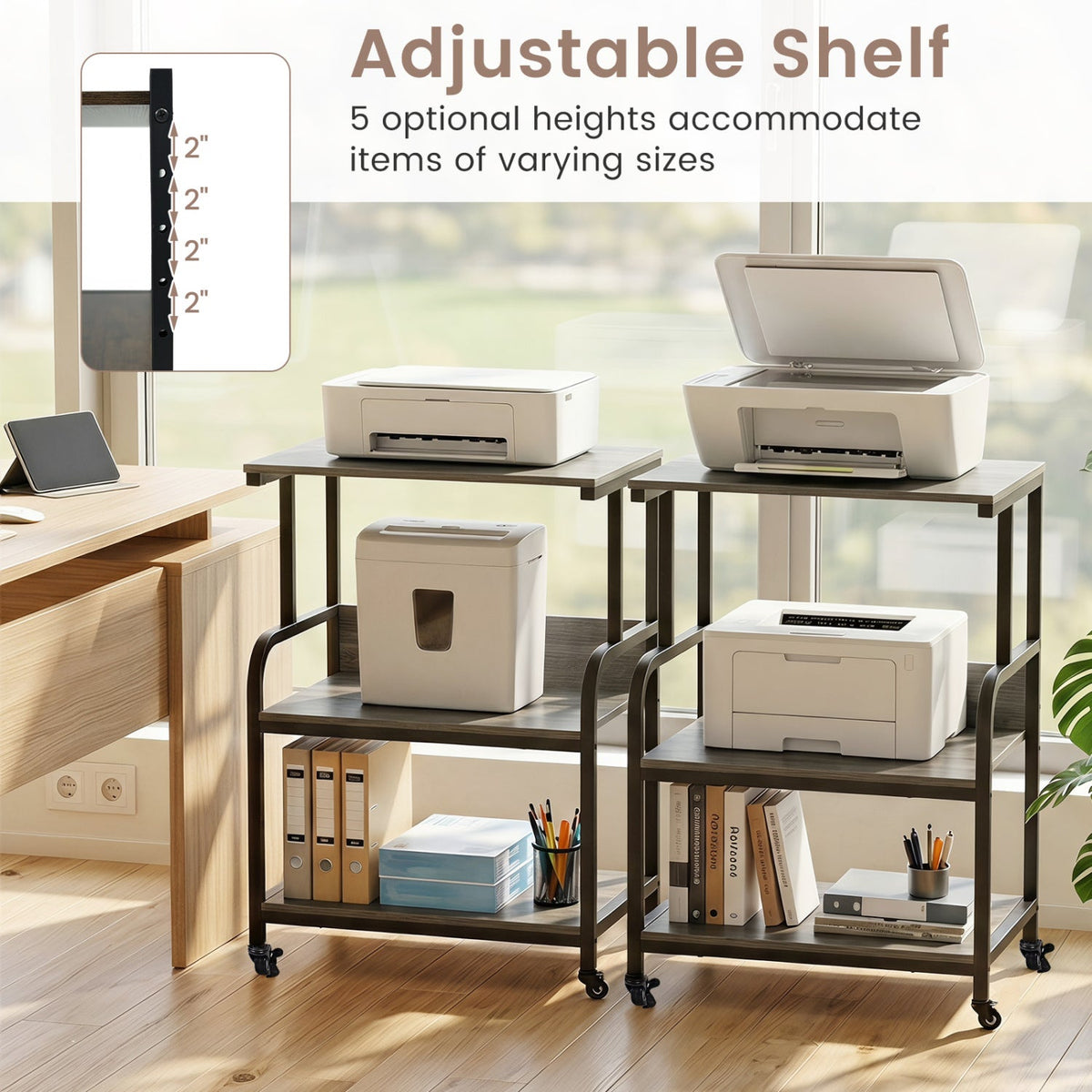 3-Tier Rolling Printer Stand with Adjustable Shelf 24