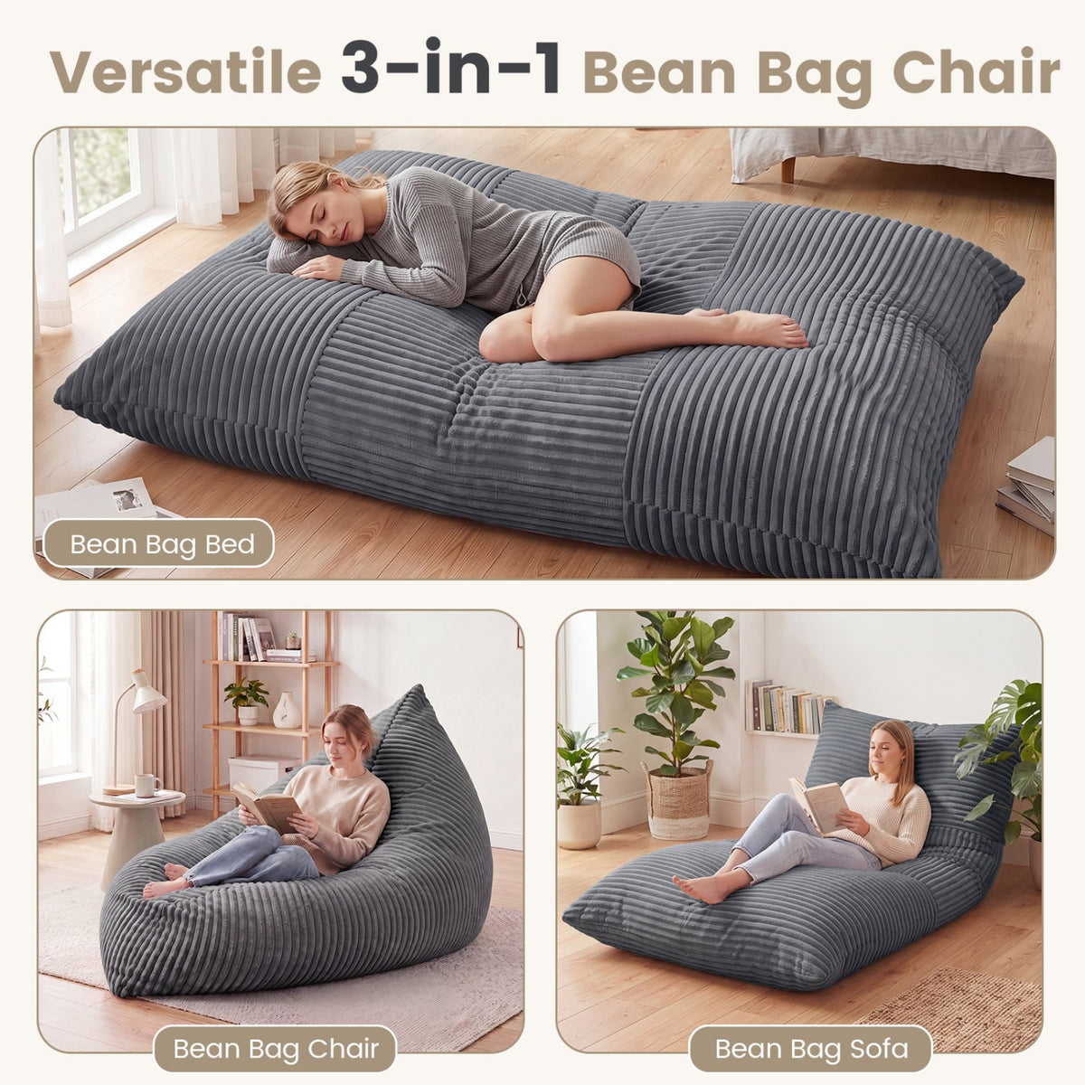 3-in-1 Convertible Bean Bag Chair with Corduroy Fabric 5