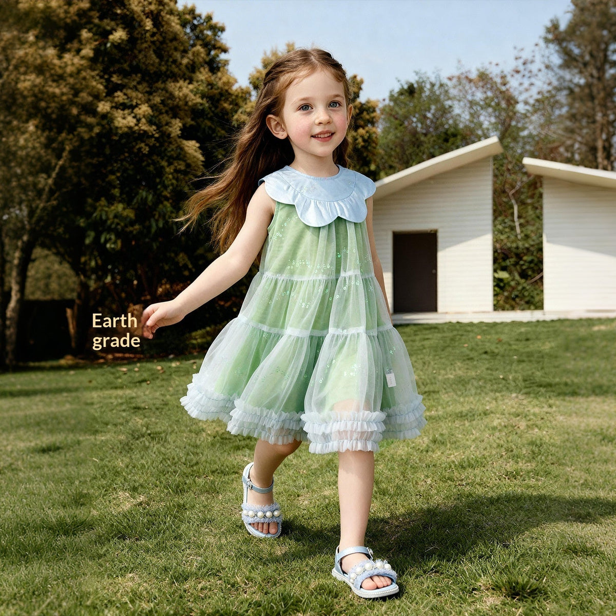 Floral-neck Sequined Tulle Ruffle-trimmed Dress For Girls 2