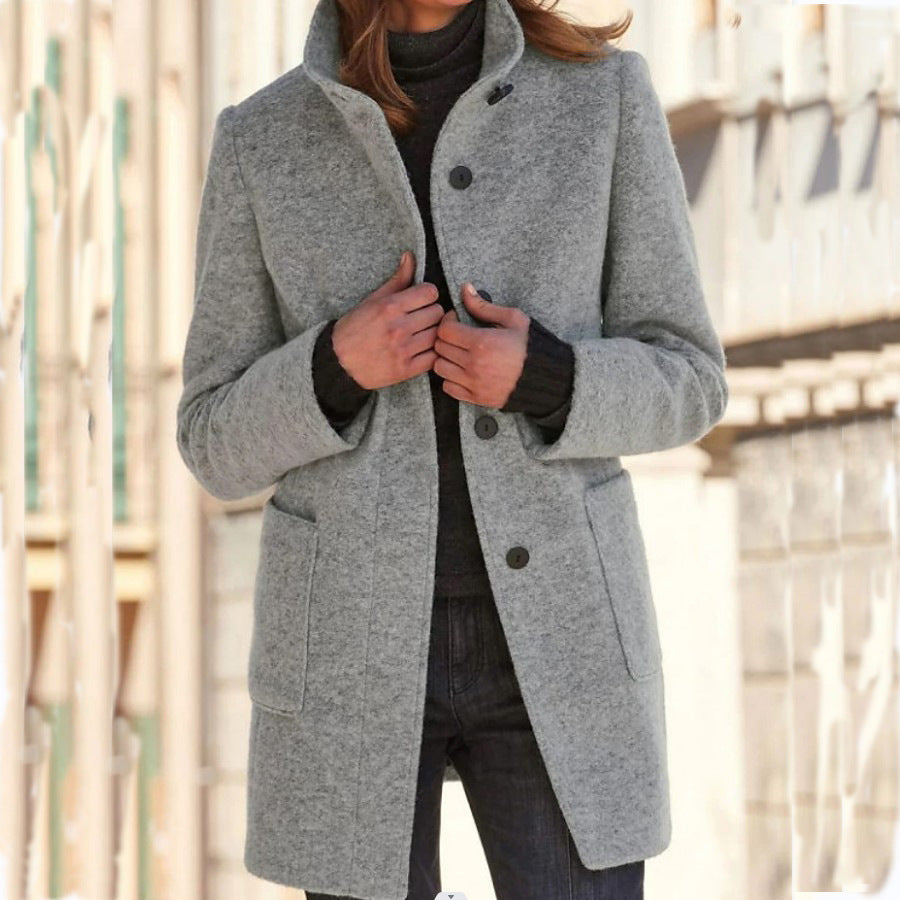 Fashion Stand Collar Woolen Coat With Pockets Fall Winter Casual Button Outwear For Women Clothing 2