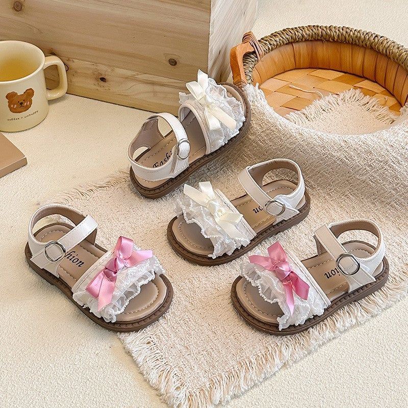 2026 Spring Summer Ins Kids Sandals, Korean Style Girls Flat Princess Shoes With Bow & Mesh Lace Trim 3