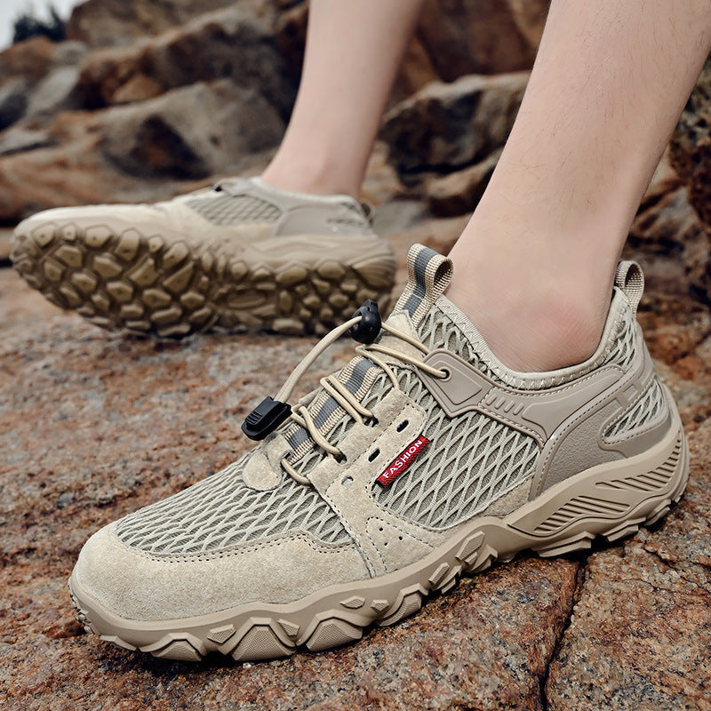 Men's Summer Leather Breathable Outdoor Sports Casual Shoes Non-slip Soft-soled Mesh Surface Hiking Shoes 1