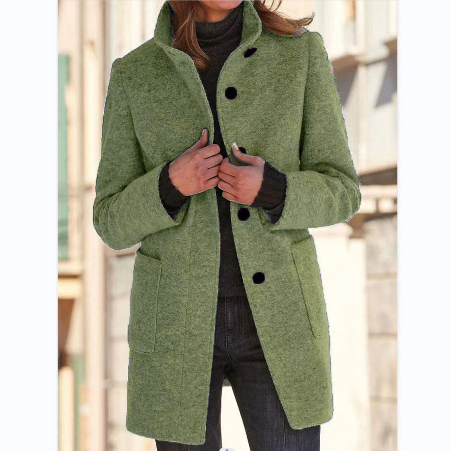 Fashion Stand Collar Woolen Coat With Pockets Fall Winter Casual Button Outwear For Women Clothing 14