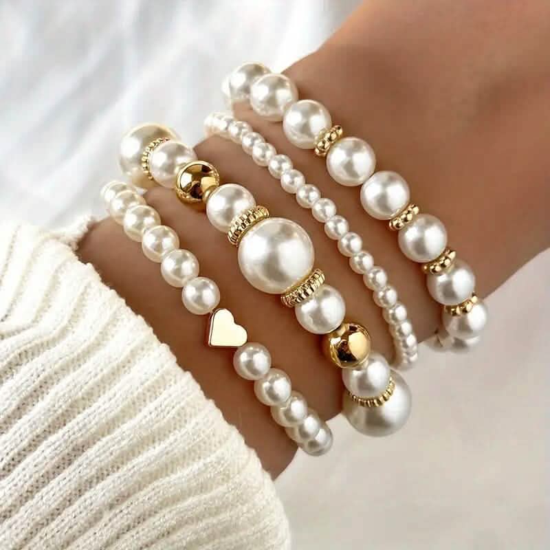 4-Pieces: Elegant White Faux Pearls Beaded Handmade Hand String Jewelry Set 1