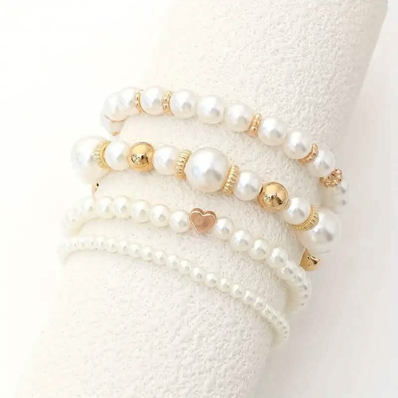 4-Pieces: Elegant White Faux Pearls Beaded Handmade Hand String Jewelry Set 2