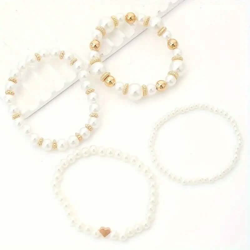 4-Pieces: Elegant White Faux Pearls Beaded Handmade Hand String Jewelry Set 4