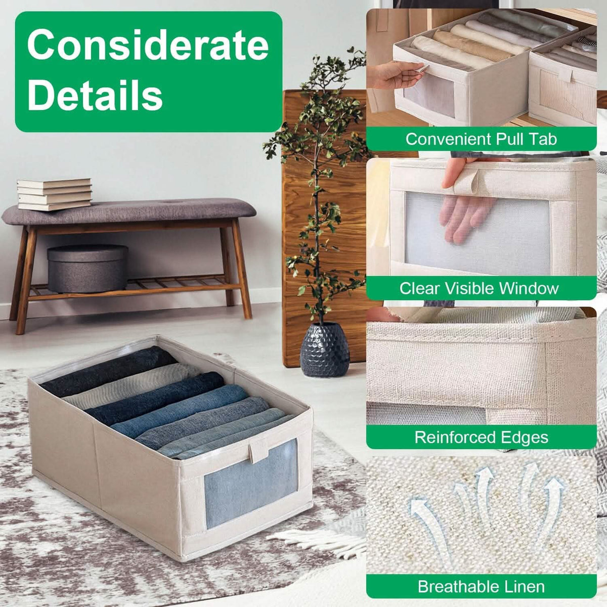 4-Pieces: Foldable Linen Clothing Storage Bin with Visible Clear Window 5