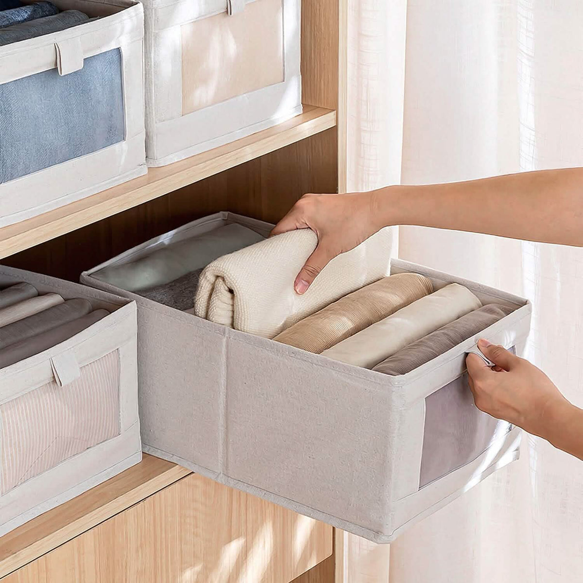4-Pieces: Foldable Linen Clothing Storage Bin with Visible Clear Window 12