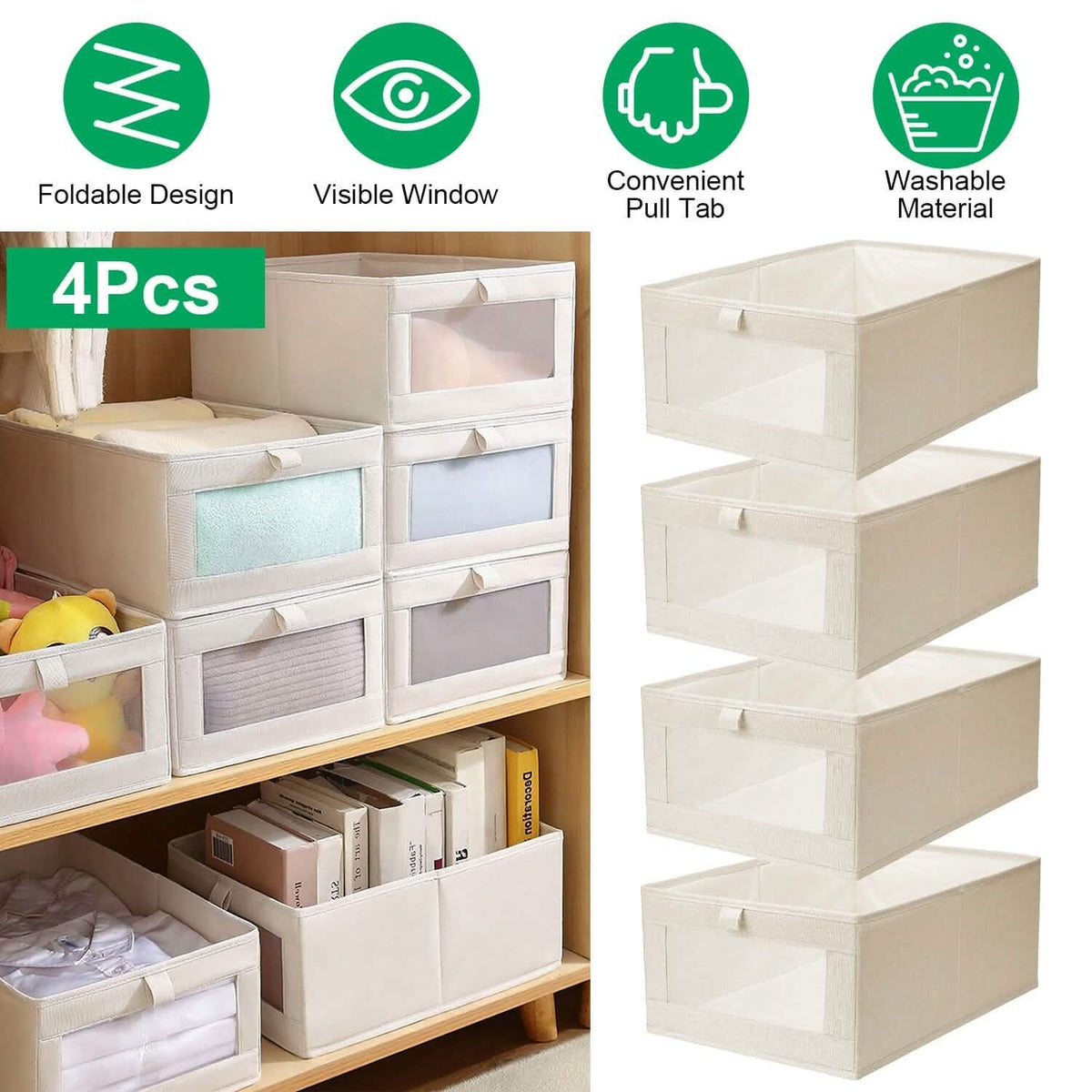 4-Pieces: Foldable Linen Clothing Storage Bin with Visible Clear Window 7