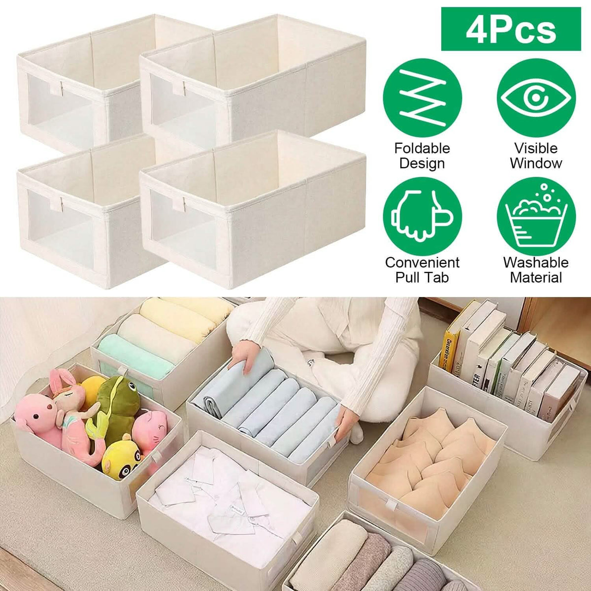 4-Pieces: Foldable Linen Clothing Storage Bin with Visible Clear Window 4