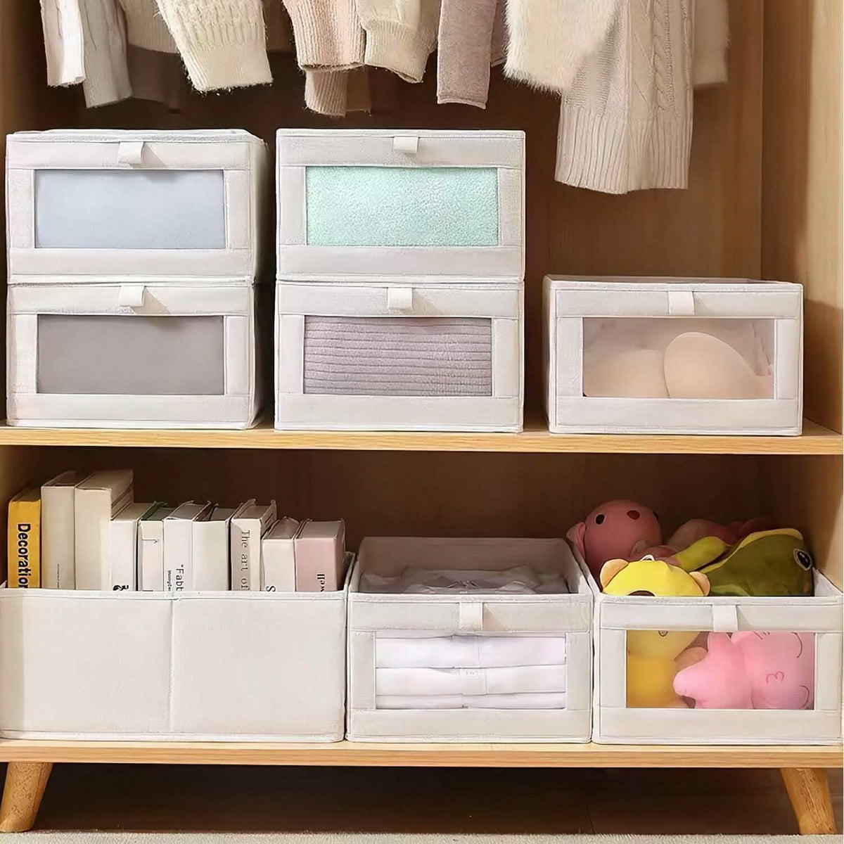 4-Pieces: Foldable Linen Clothing Storage Bin with Visible Clear Window 13