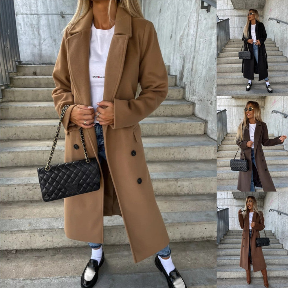 Double-breasted Lapel Split Jacket With Belt Winter Fashion Casual Long Sleeve Button Daily Coats For Women Clothing 1