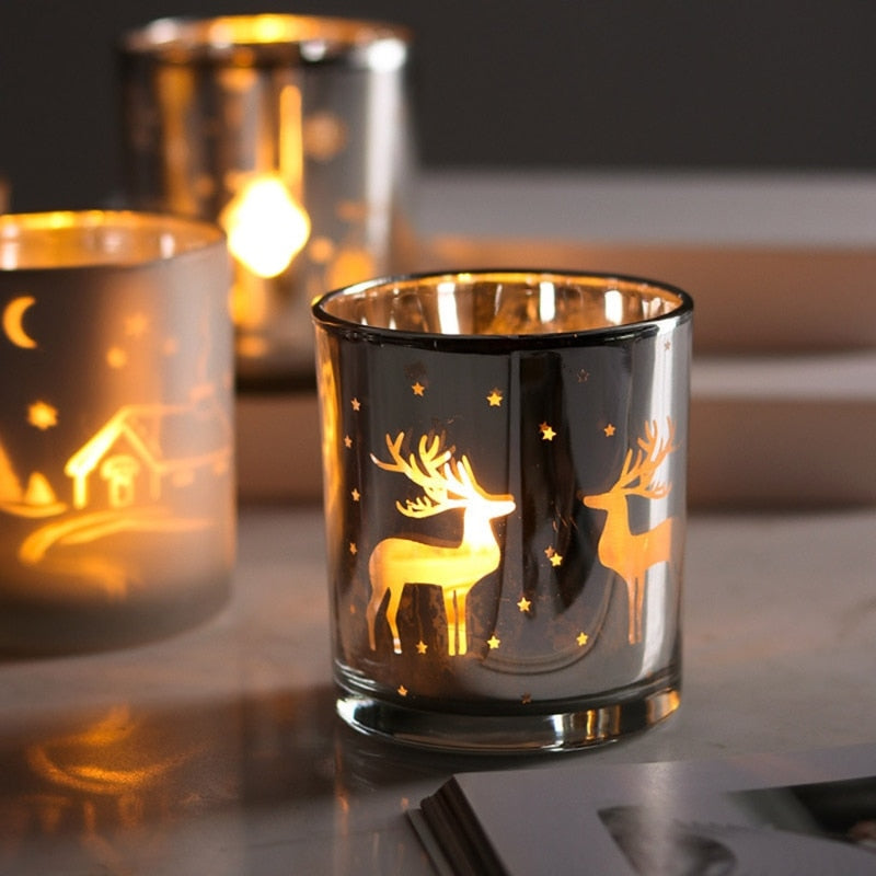 Silver Scented Candle Container Handmade Candle Glass Empty Jar Christmas Reindeer Pattern Light Candle Cup Home Decor 1