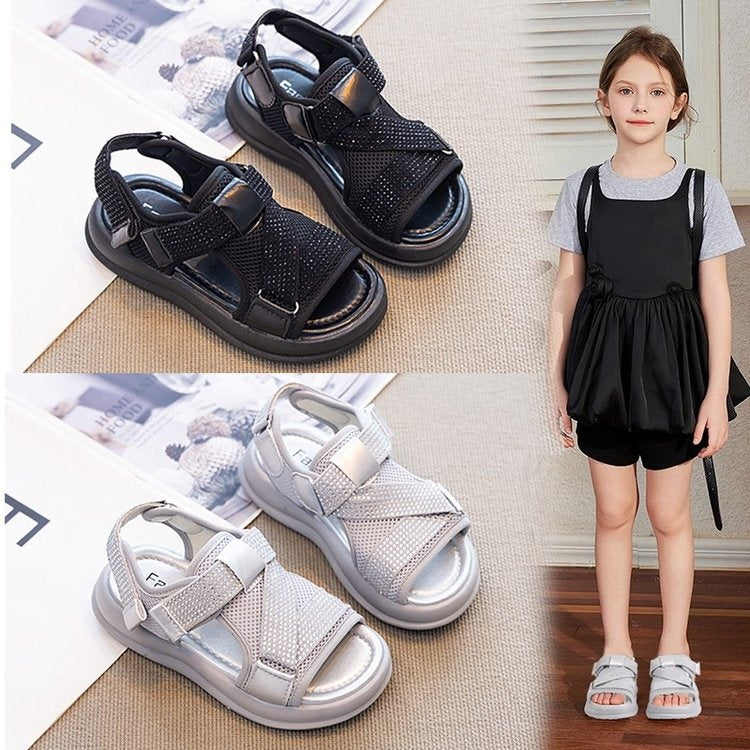 2026 New Summer Girls Rhinestone Roman Sandals, Thick Sole Hollow Breathable Casual Sports Fashion Versatile Sandals 1