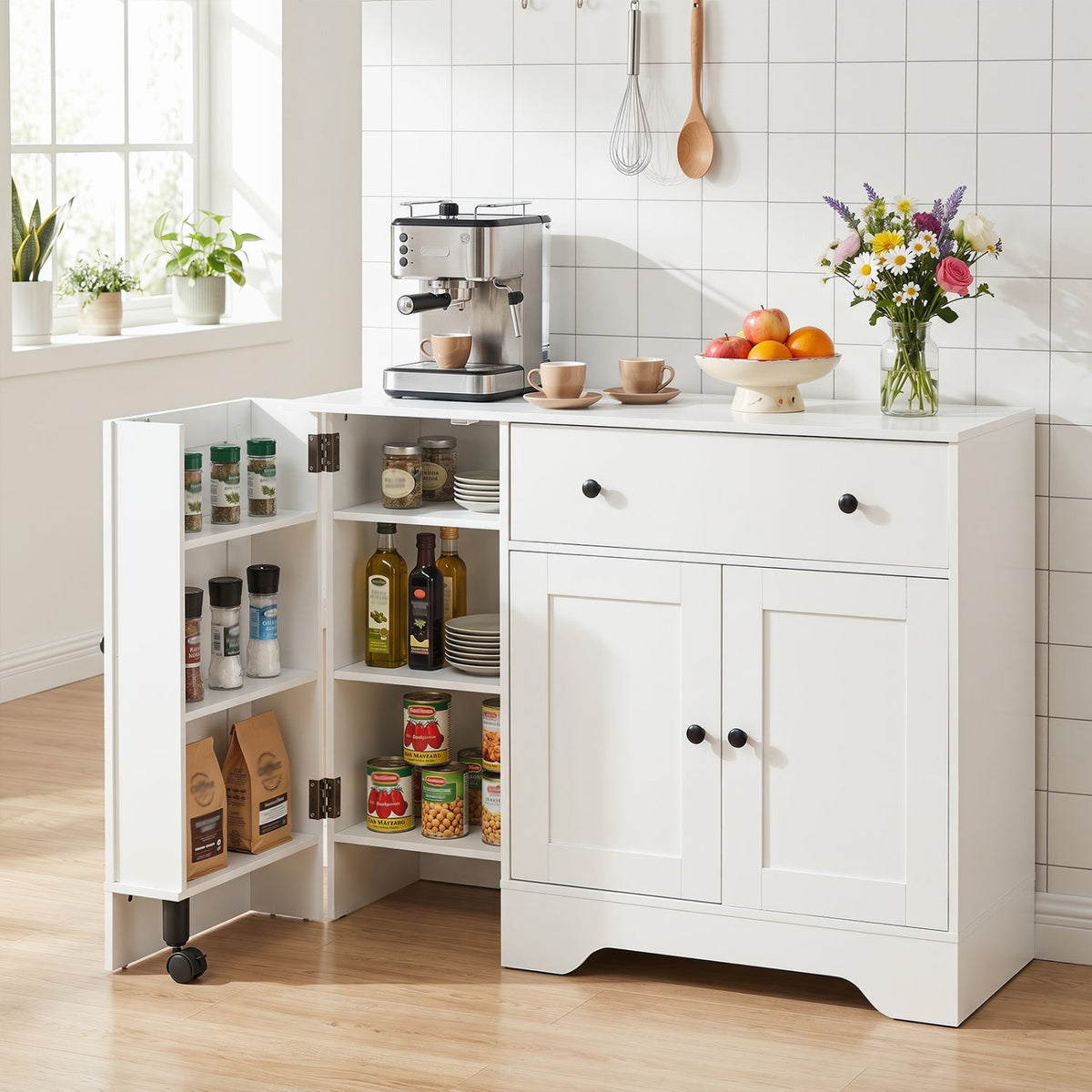 Coffee Bar Cabinet with Rolling Wheels and 3 Doors - 41.5" 1