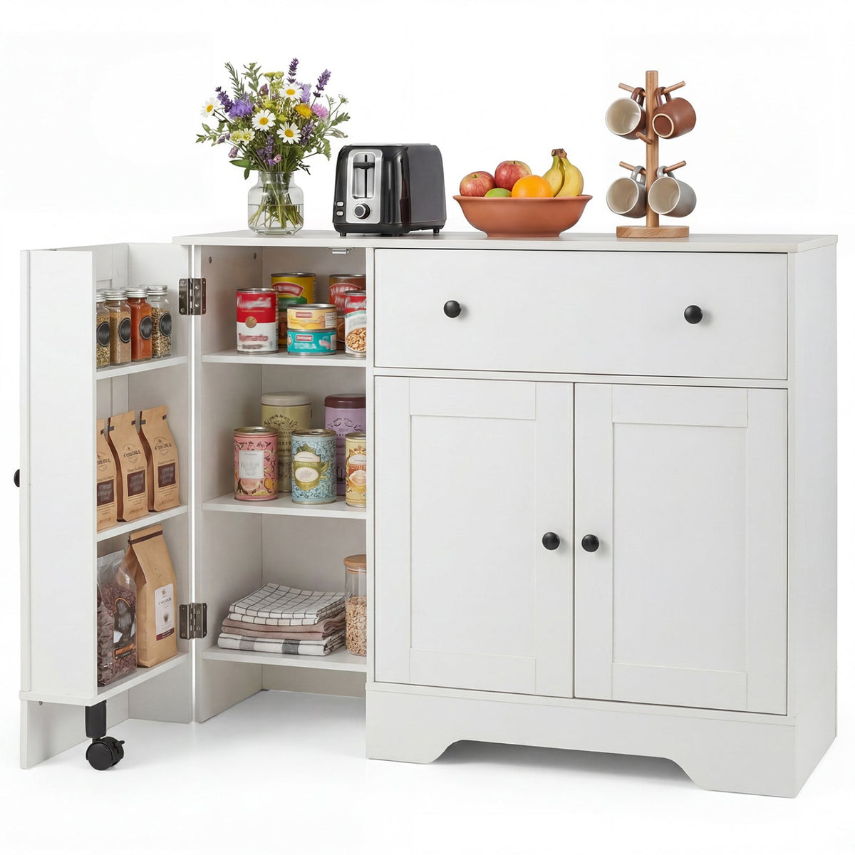 Coffee Bar Cabinet with Rolling Wheels and 3 Doors - 41.5" 3