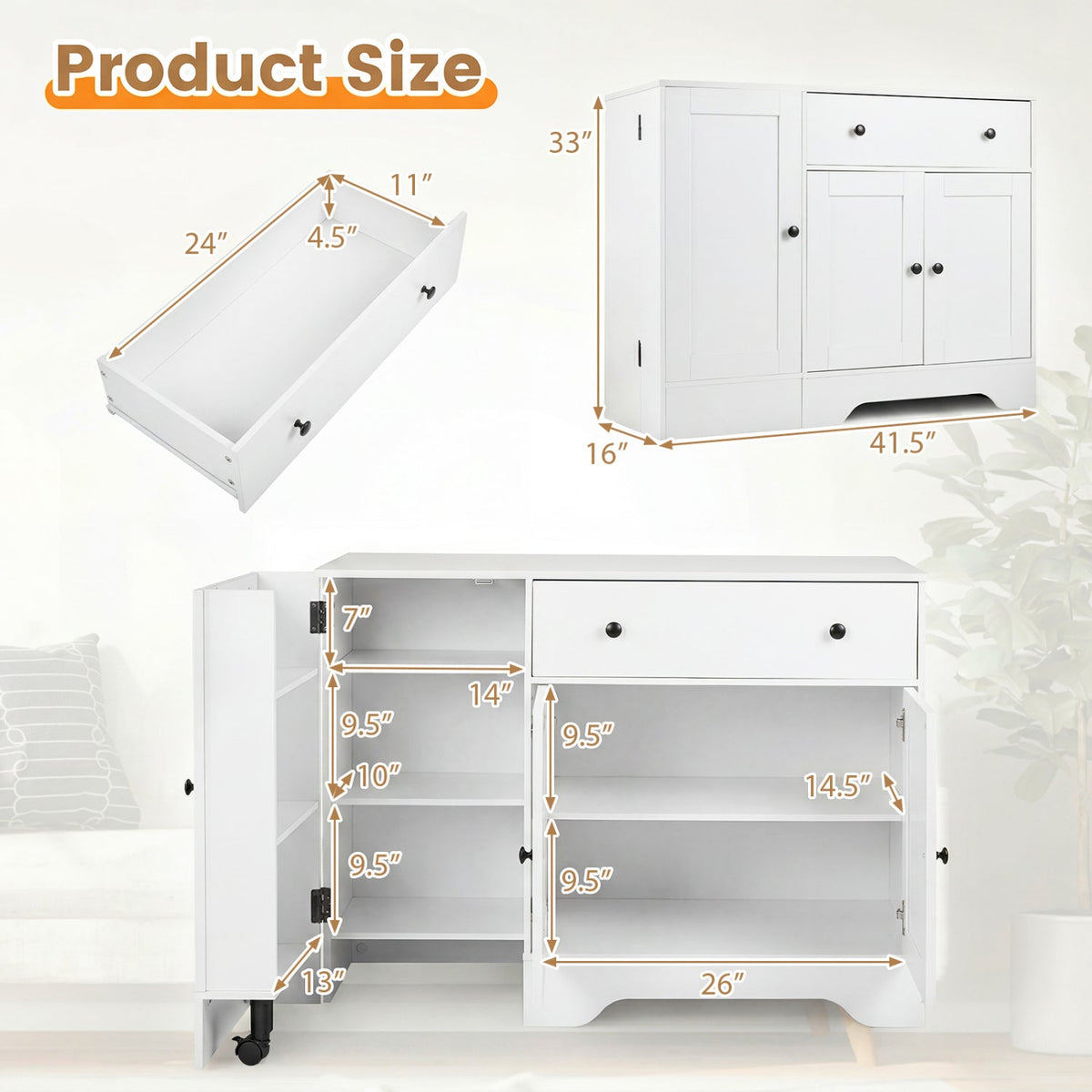 Coffee Bar Cabinet with Rolling Wheels and 3 Doors - 41.5" 5