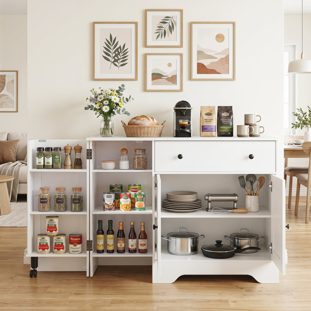 Coffee Bar Cabinet with Rolling Wheels and 3 Doors - 41.5" 6