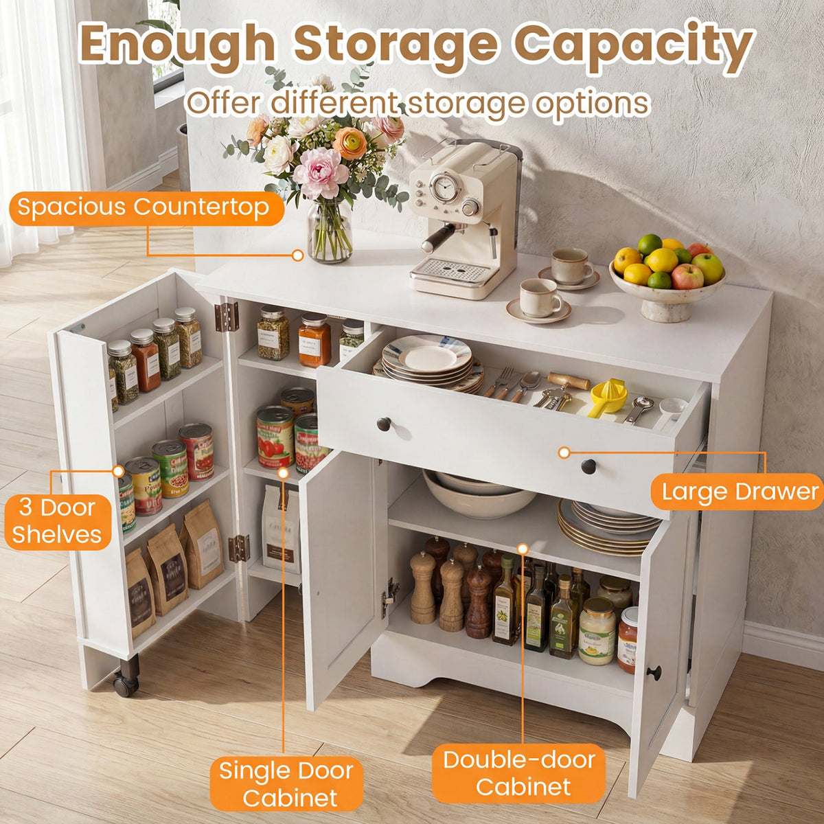 Coffee Bar Cabinet with Rolling Wheels and 3 Doors - 41.5" 8