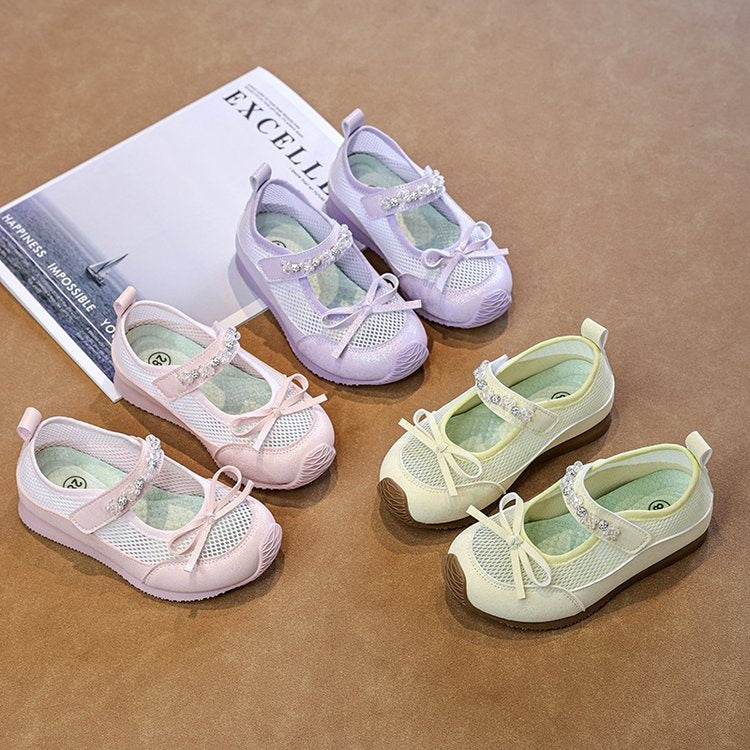 2026 Summer New Girls Ballet Shoes, Mary Jane Sandals With Bow & Rhinestone, Breathable Soft Sole Kids Shoes 1