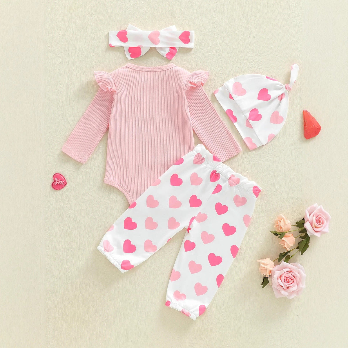 Long-sleeved Onesie With Long Pants Hat Hairband, Four-piece Set 2