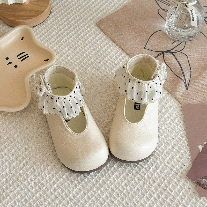 2026 Spring New Kids Princess Shoes, Lace Ruffle Pearl Decor Flats, Elegant Fashion Casual Single Shoes For Baby Girls 4