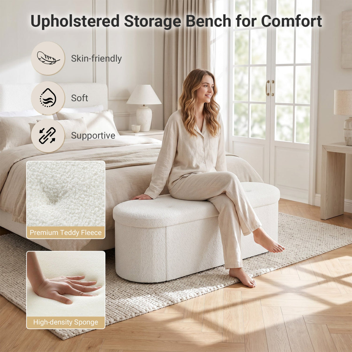 43" Folding Storage Ottoman Bench with Dividers - Teddy Fleece 23