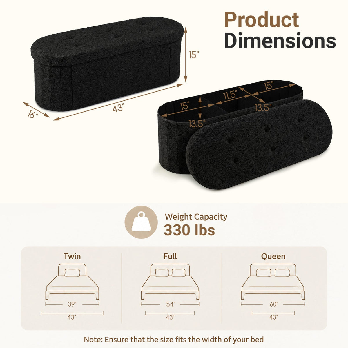 43" Folding Storage Ottoman Bench with Dividers - Teddy Fleece 5