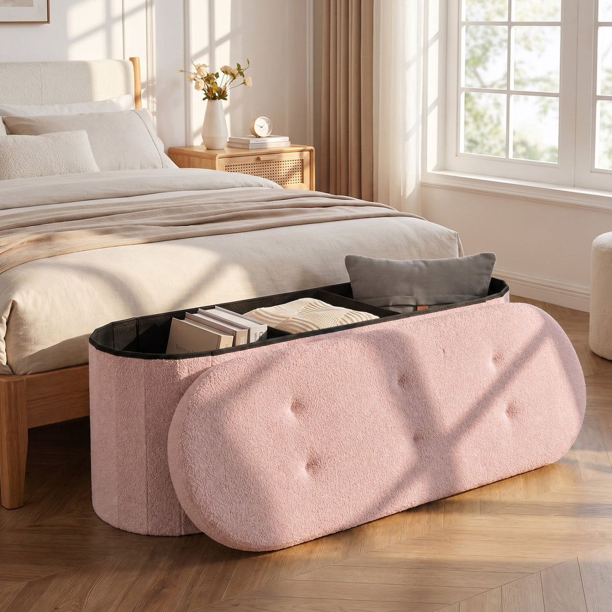 43" Folding Storage Ottoman Bench with Dividers - Teddy Fleece 10
