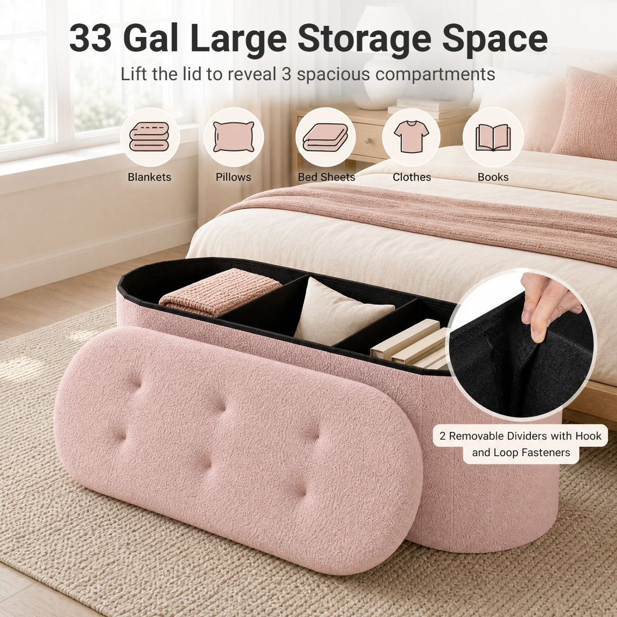 43" Folding Storage Ottoman Bench with Dividers - Teddy Fleece 15