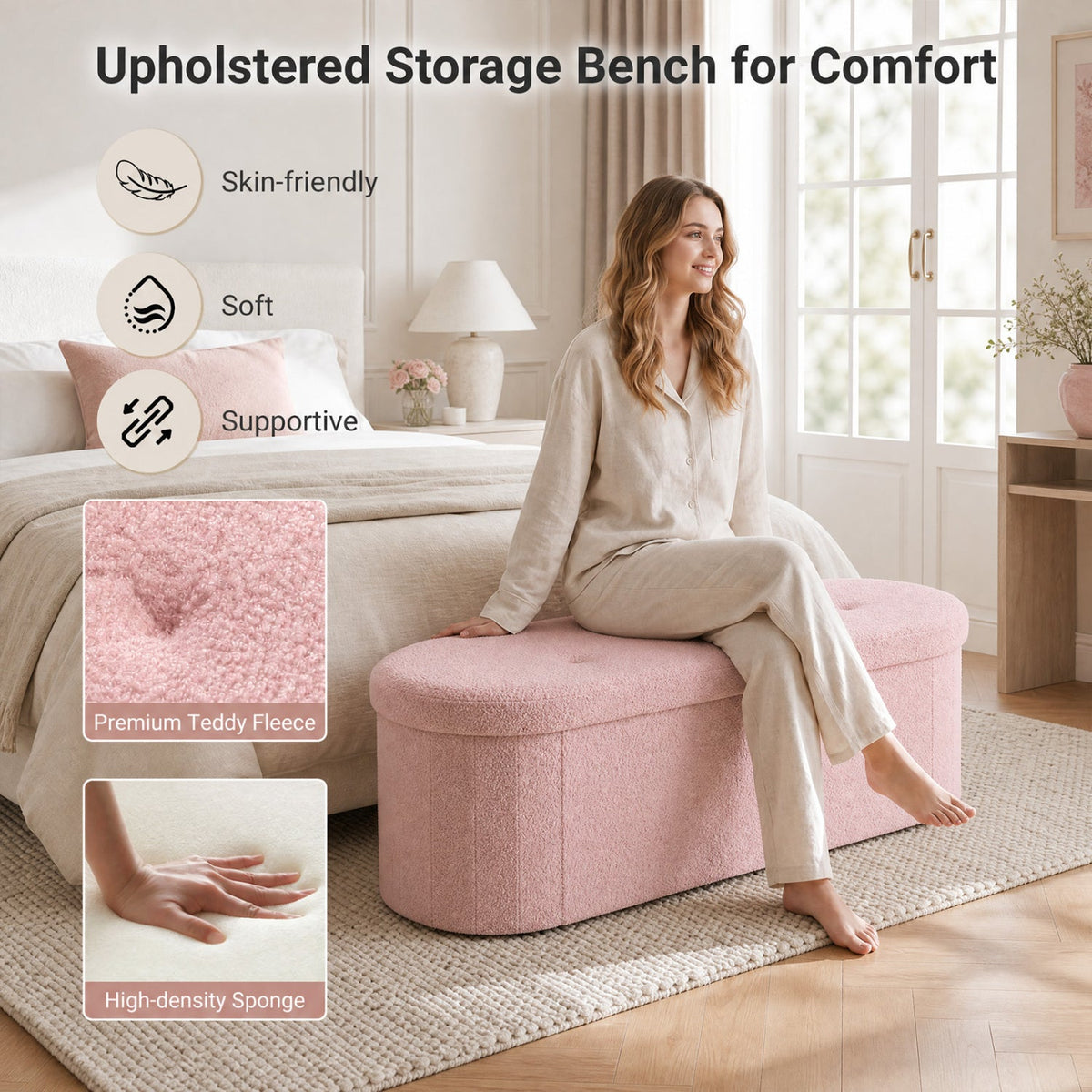 43" Folding Storage Ottoman Bench with Dividers - Teddy Fleece 16