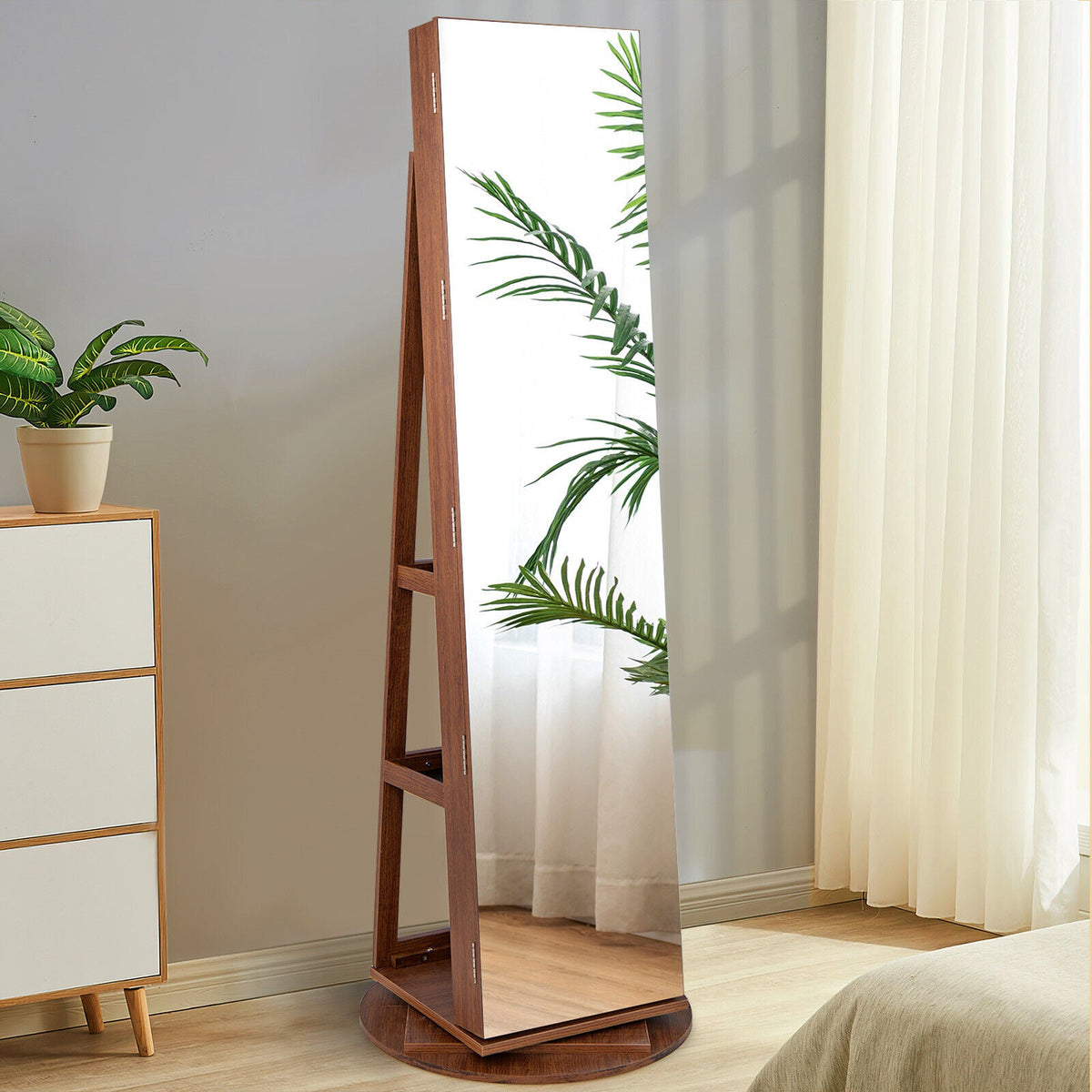 360° Rotating Mirrored Jewelry Cabinet Armoire 3 Color LED Modes Lockable 7
