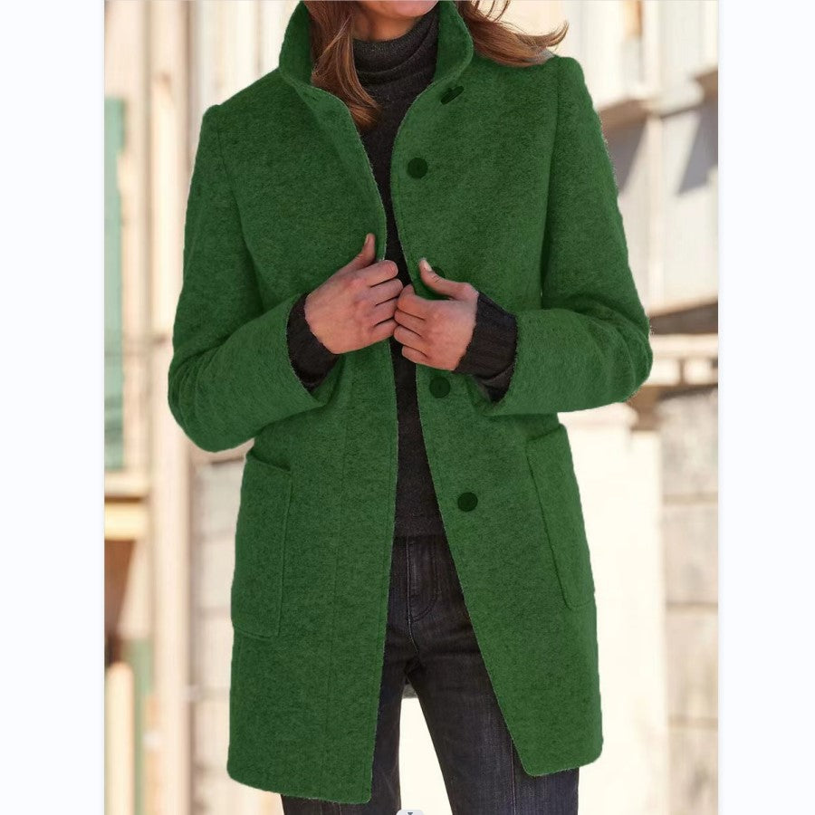Fashion Stand Collar Woolen Coat With Pockets Fall Winter Casual Button Outwear For Women Clothing 6