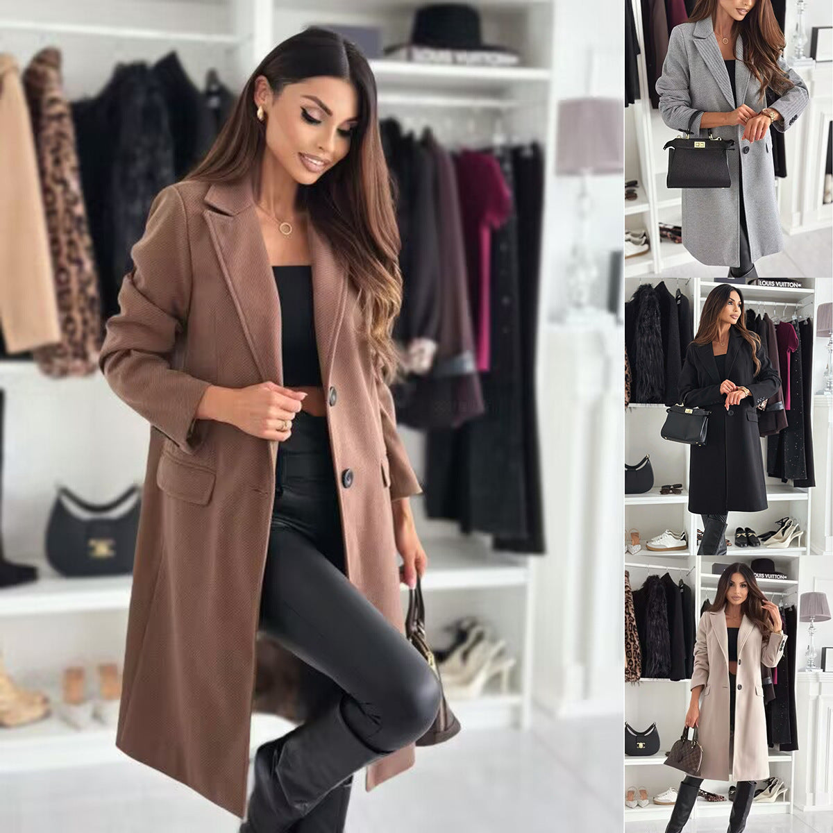 Lapel Single-breasted Wool Coat Winter Long Sleeve Solid Color Long Jacket Women Clothing 1