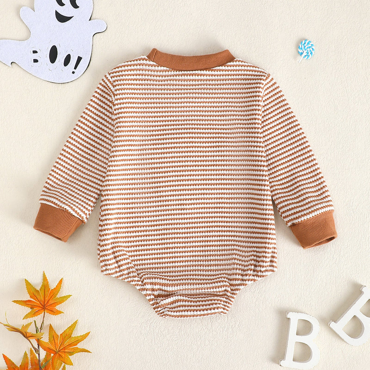 Baby Girl Waffle Knit Striped Long Sleeve Romper with Ghost Embroidery 4
