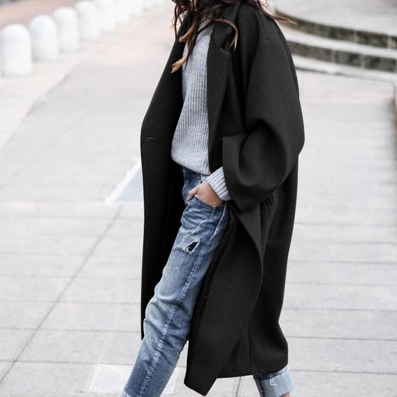 Casual Long Jacket With Pockets Solid Color Single Breasted Lapel Woolen Coat For Women Warm Winter Clothing 2