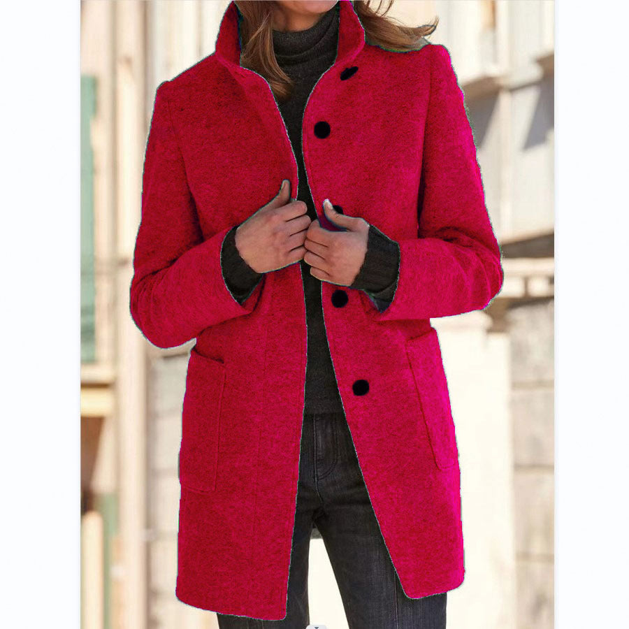 Fashion Stand Collar Woolen Coat With Pockets Fall Winter Casual Button Outwear For Women Clothing 8