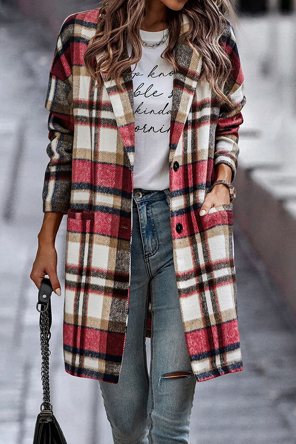 Fashion Plaid Long Jacket With Pockets Autumn And Winter New Style Turndown Collar Woolen Coat Outdoor Women Clothing 5
