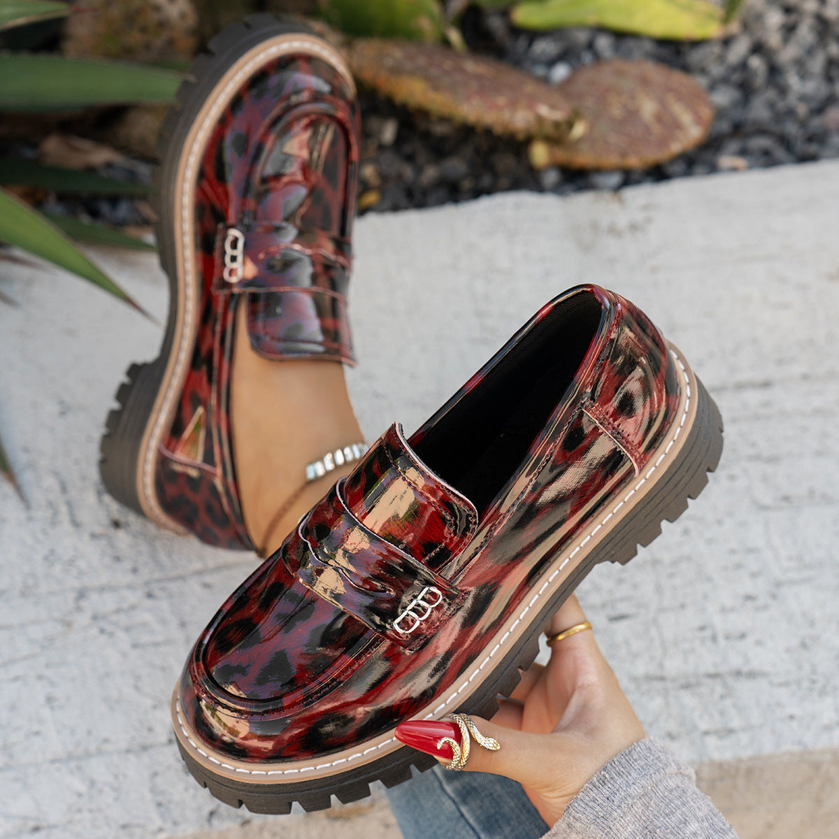 New Autumn Leather Belt-Buckle Patent Leather Leopard-Print Vintage Womens Shoes 5