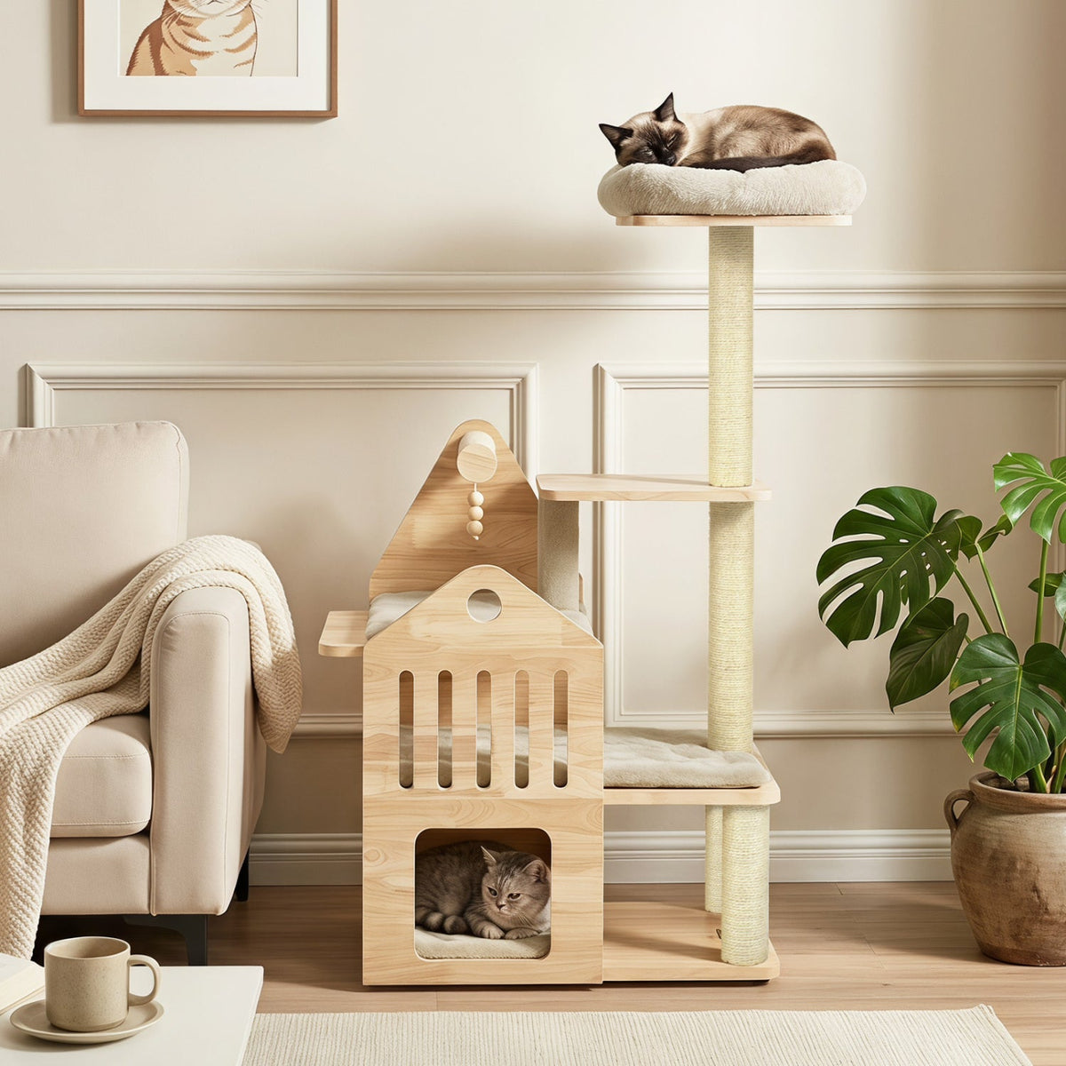 Multi-Level Solid Wood Cat Tree 48.5" with Condo & Scratchers 9