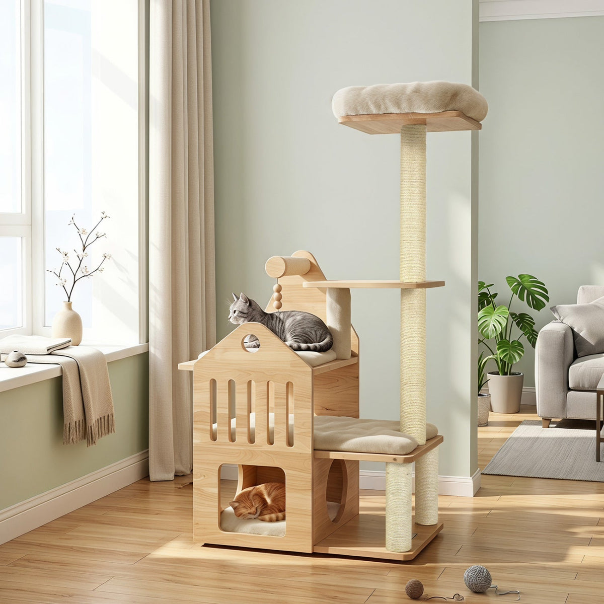 Multi-Level Solid Wood Cat Tree 48.5" with Condo & Scratchers 10
