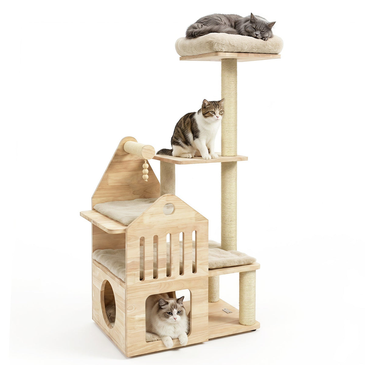 Multi-Level Solid Wood Cat Tree 48.5" with Condo & Scratchers 12
